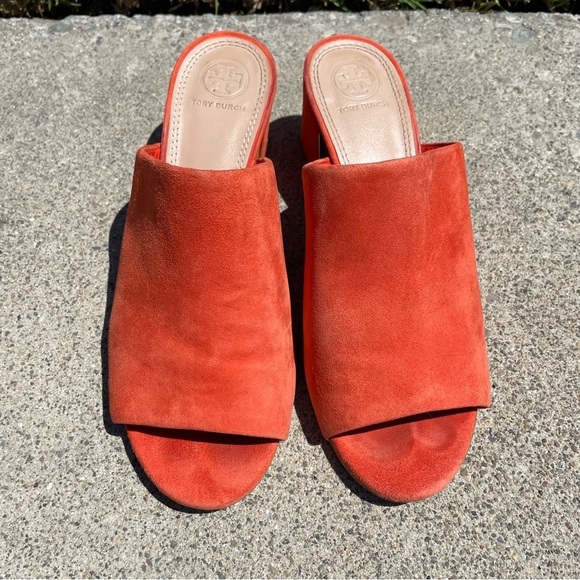 Tory Burch Shoes - EUC Tory Burch Peep Mule Sandals Lancaster
Orange Suede Size 7.5
